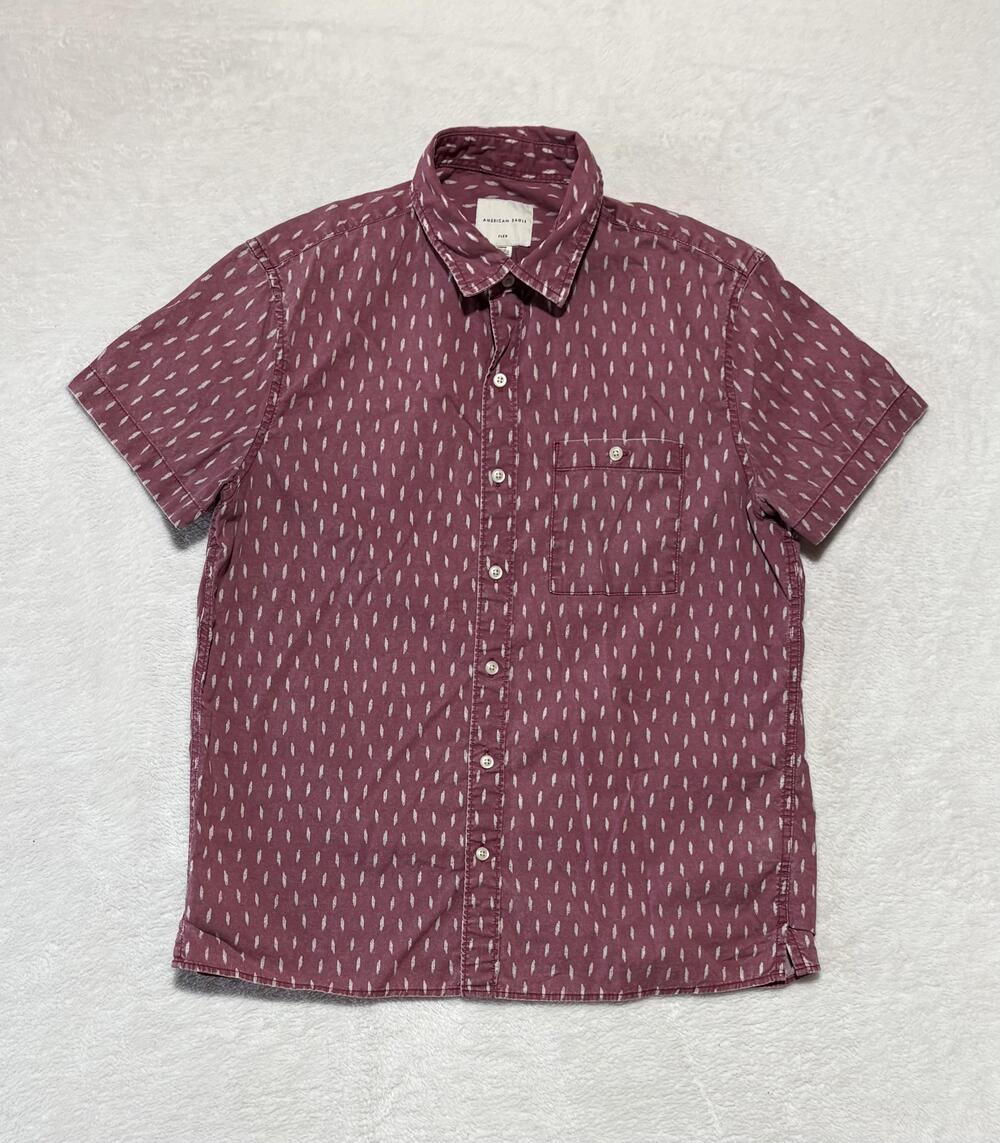 American Eagle Shirt Mens Medium Maroon White Pattern Button Up Flex Cotton